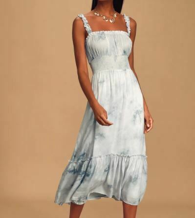 tie dye dress: Ruffle Luck Blue Tie-Dye Ruffled Midi Dress