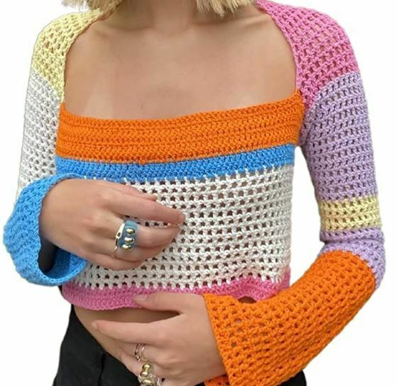 crochet top: Y2k Women Long Sleeve Crop Top Crochet Top